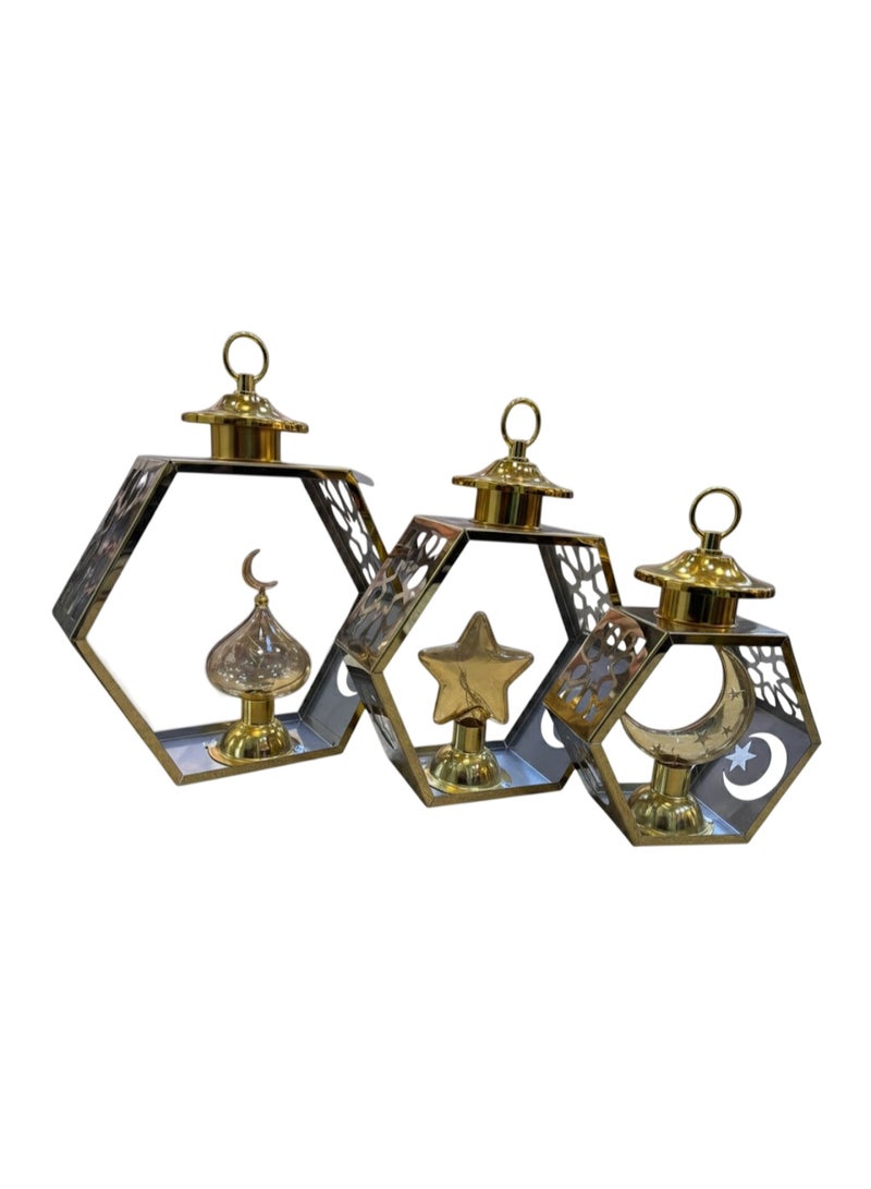 Ramadan Decorative Lanterns Golden Hexagon with Islamic Symbols Star and Crescent Design Set of 3 Assorted Sizes - Image 1